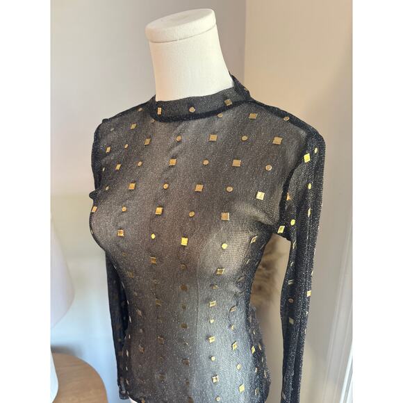 Lulus Rooftop Party Black Mesh Bodysuit Top Small Gold Embellished Long Sleeve - Picture 6 of 11